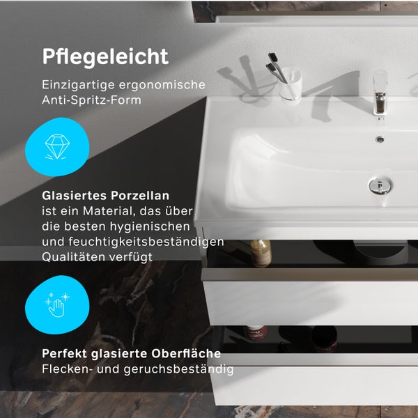 Waschtisch mit glasiertem Porzellan, ergonomischer Form und Schubladen