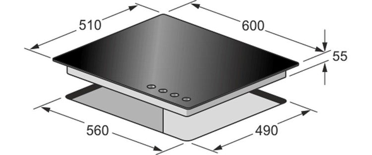 Maßzeichnung eines Einbaukochfeldes mit den Maßen 600 mal 510 mal 55 Millimeter und einem Ausschnittmaß von 560 mal 490 Millimeter.