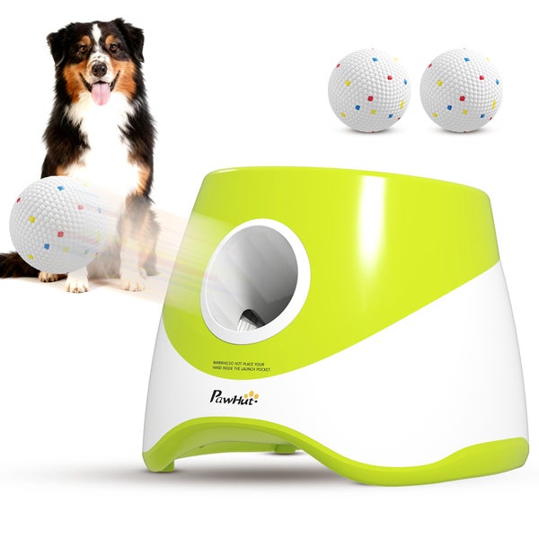 PawHut automatischer Ballwerfer für Hunde auf einer Wiese mit einem springenden Beagle, der einen Ball fängt.
