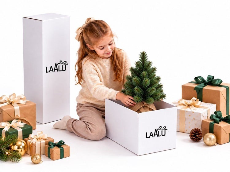 Ein Kind packt einen kleinen künstlichen Weihnachtsbaum von Laalu aus der Verpackung aus, umgeben von mehreren Weihnachtsgeschenken.