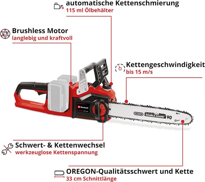 Einhell Akku-Kettensäge mit bürstenlosem Motor, automatischer Kettenschmierung, 33 Zentimeter Oregon-Schwert und werkzeugloser Kettenspannung.