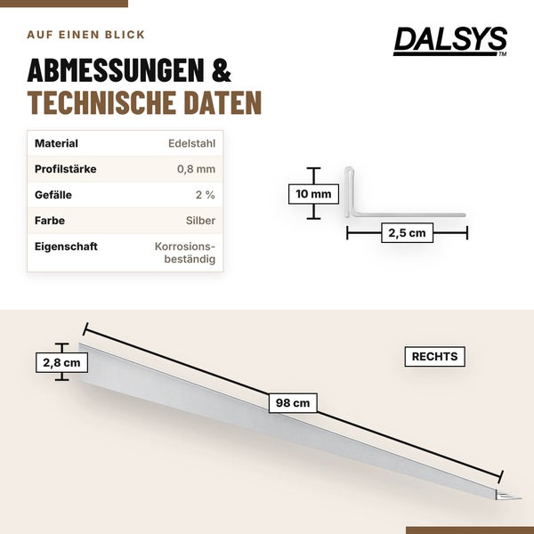 Dalsys Edelstahl Fliesenprofil mit Produktvorteilen wie Rostfreiheit, flexibler Zuschneidbarkeit, Robustheit und sicherer Fixierung.