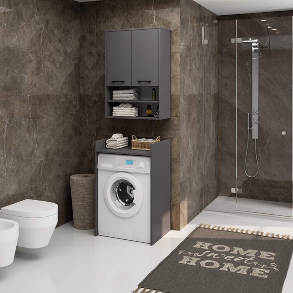 Modernes Badezimmer mit Waschmaschine, Toilette, Bidet und Dusche