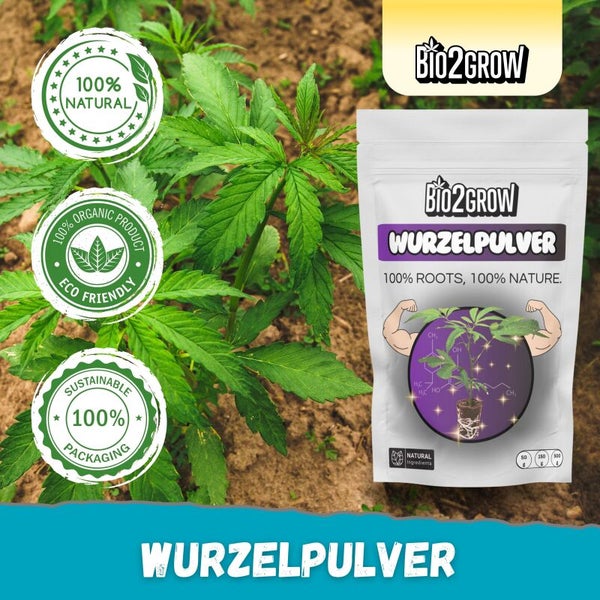 Bio2Grow Wurzelpulver Packung neben einer Pflanze mit Siegeln, die natürlich und nachhaltig sind