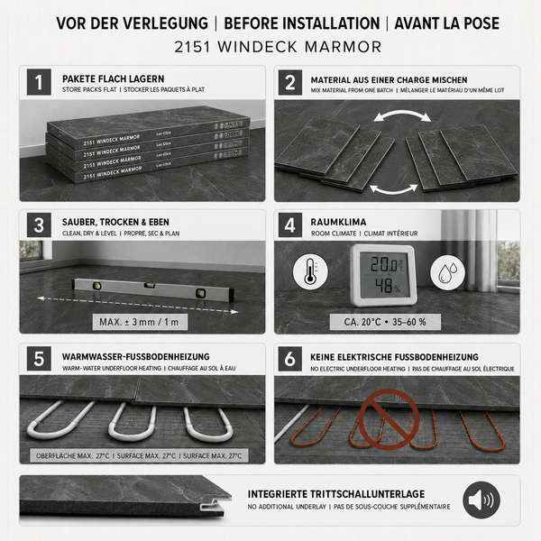 Installationsanleitung für 2151 Windeck Marmor Bodenbelag mit sechs Schritten für die Vorbereitung sowie Hinweis zur integrierten Trittschalldämmung.