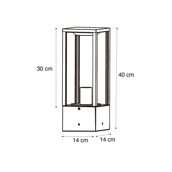 Maßzeichnung einer rechteckigen Außenleuchte mit einer Gesamthöhe von 40 Zentimetern und einer Breite von 14 Zentimetern.