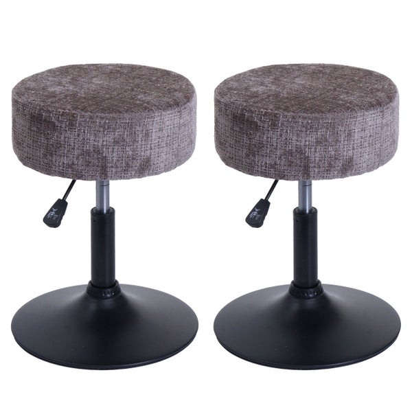 Zwei höhenverstellbare Hocker mit rundem Sitz und Fuß