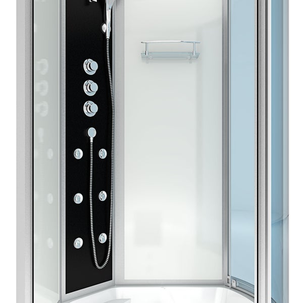 Duschkabine mit schwarzem Duschpaneel, Massagedüsen, Handbrause und integrierter Ablage.