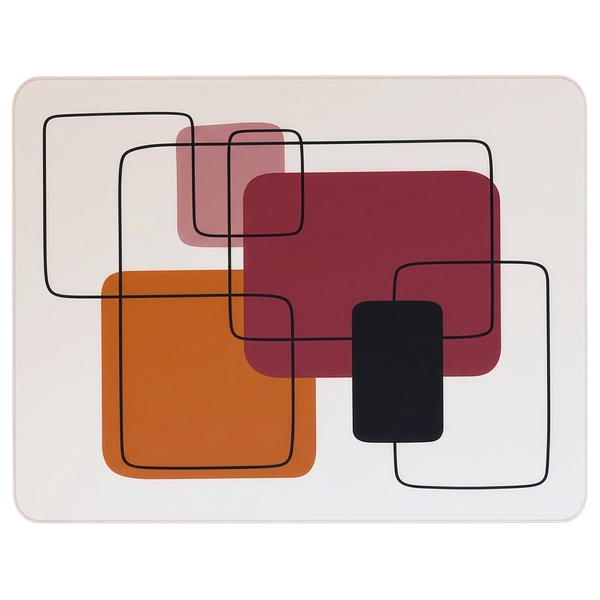 Rechteckiges Tischset mit abstraktem geometrischem Muster aus überlappenden Linien und Flächen.