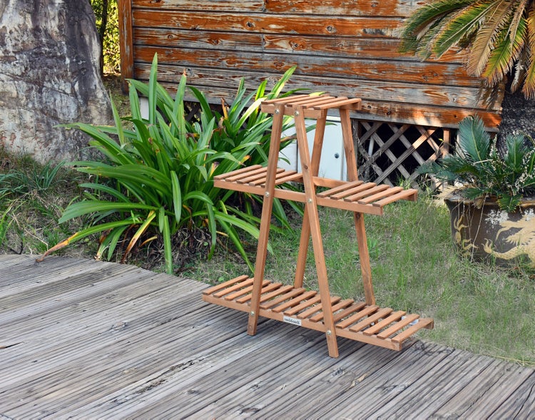 needs&wants® Pflanzenständer Blumenständer aus Holz wetterfest für Indoor Outdoor Balkon Garten draußen innen Wand, Pflanzenregal Blumentreppe, 83 x 28 x 83 cm hoch, braun