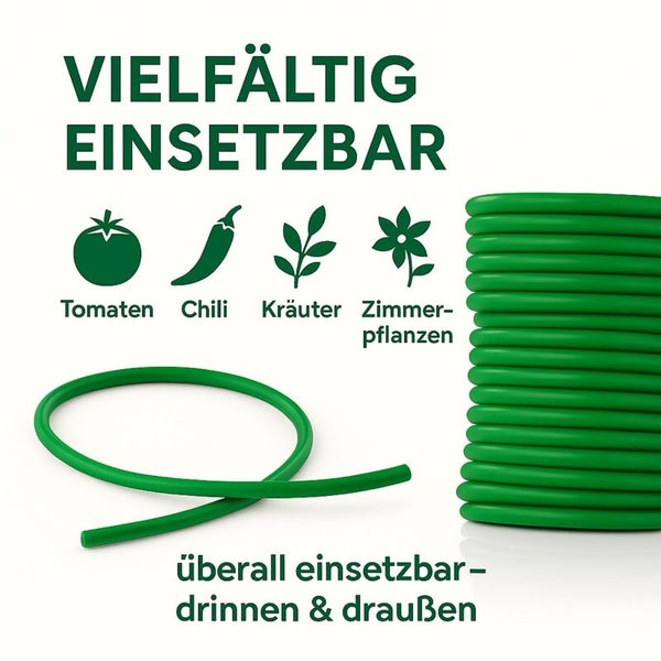 Bild, das die vielseitige Einsetzbarkeit des Bewässerungsschlauchs für Tomaten, Chili, Kräuter und Zimmerpflanzen zeigt. Der Schlauch ist sowohl drinnen als auch draußen verwendbar.