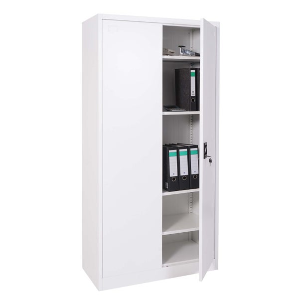 Weißer Flügeltürenschrank mit Regalen und Ordnern