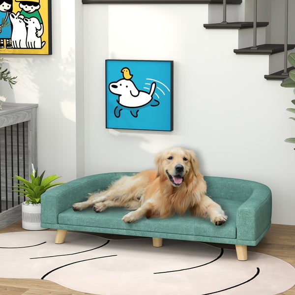 PawHut Hundesofa, Hundebett, Hundesessel mit Erhöhtem Design, Hundecouch mit Holzbeine, Haustiersofa mit Kissen, Katzensofa für große Hunde, 98 x 67 x 25 cm, Grün