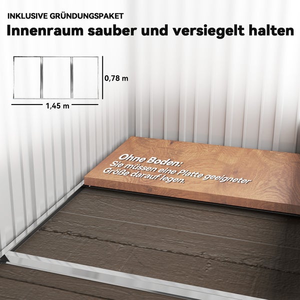 Gründungspaket für Gerätehaus zur Bodenmontage einer Platte, Maße 1,45 mal 0,78 Meter.