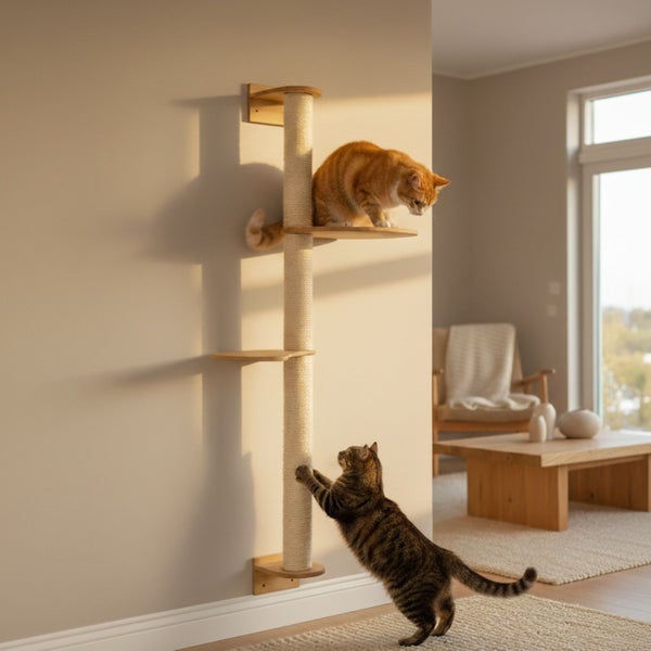 Wandkratzbaum mit Sisalstamm und zwei Liegeplattformen aus Holz, an einer Wand montiert, zwei Katzen interagieren mit dem Möbelstück.