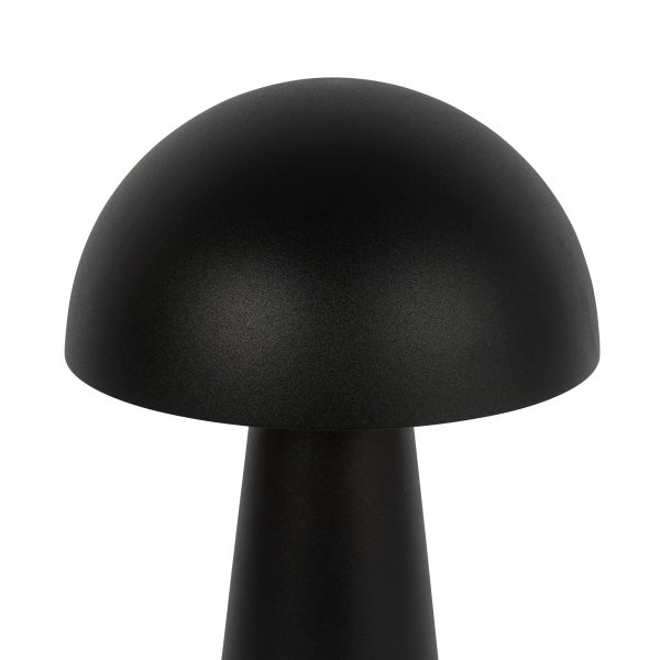 Schwarze Tischleuchte in Pilzform mit matter Oberfläche.