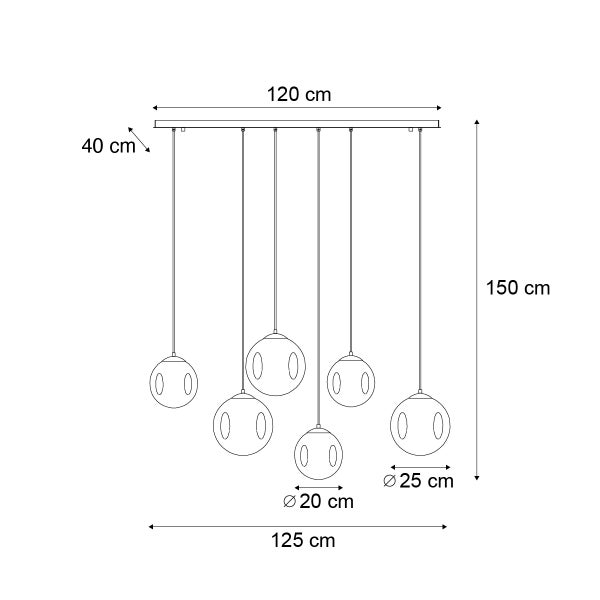 Technische Zeichnung einer Hängeleuchte mit sechs Leuchten und Maßangaben