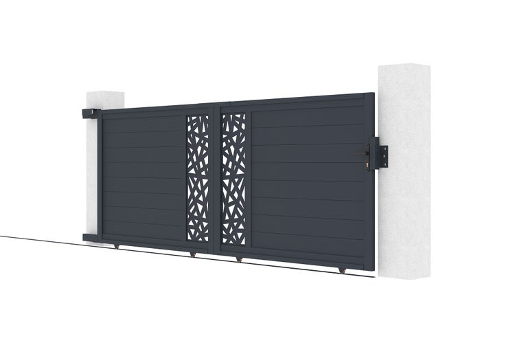 Anthrazitfarbenes zweiflügeliges Einfahrtstor aus Aluminium mit horizontalen Lamellen und dekorativem Muster in der Mitte.