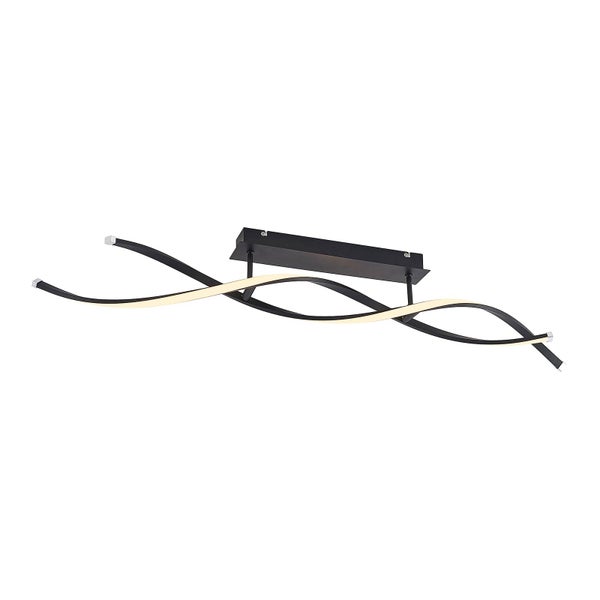 Moderne LED-Deckenleuchte mit wellenförmigen Armen aus schwarzem Metall und integrierten LED-Leuchtstreifen.