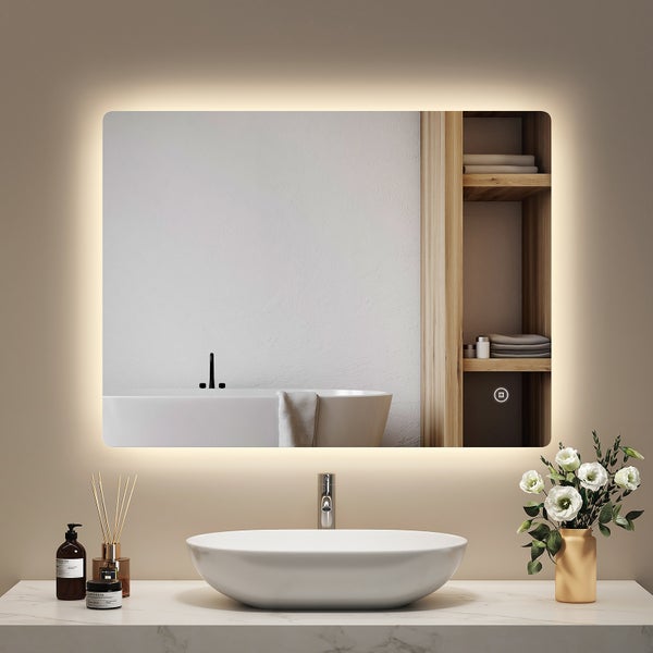 EMKE Badspiegel mit Beleuchtung 80x60 cm, LED-Spiegel mit Touchschalter, 3 Lichtfarben einstellbar, Beschlagfreie, Anti-Rost Spiegel, IP44, für Bad