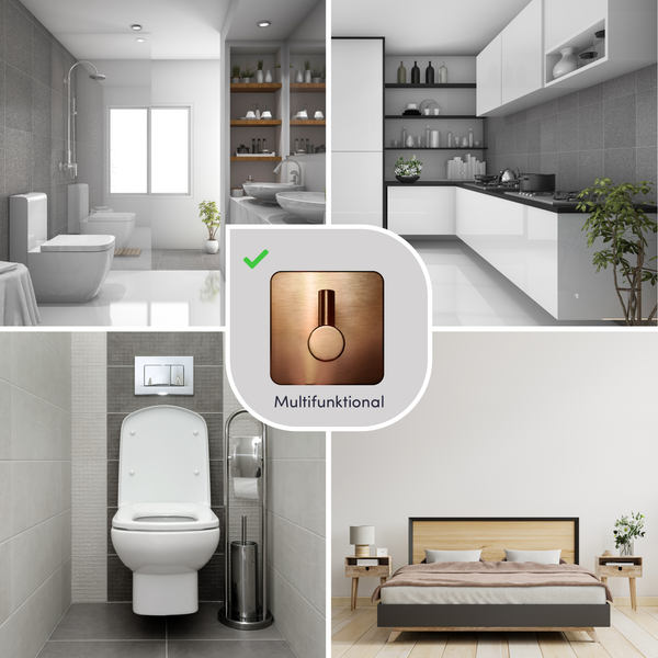 Multifunktionaler Metallhaken in einem hellen Badezimmer, einer modernen Küche, einer Toilette und einem geräumigen Schlafzimmer.