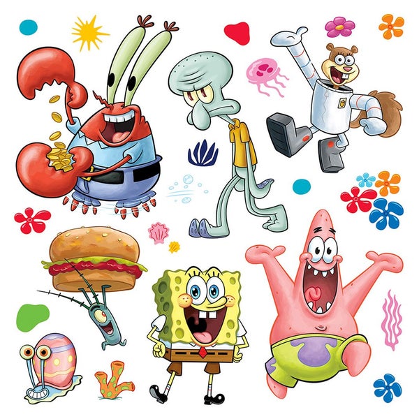 Wandtattoo-Set SpongeBob Schwammkopf mit SpongeBob, Patrick, Thaddäus, Mr. Krabs, Sandy, Gary und Plankton.