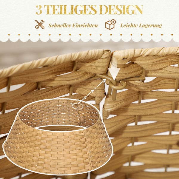 Dreiteilige Christbaumständer-Abdeckung in Flechtoptik mit einfachem Verbindungssystem für schnelle Montage und platzsparende Lagerung.