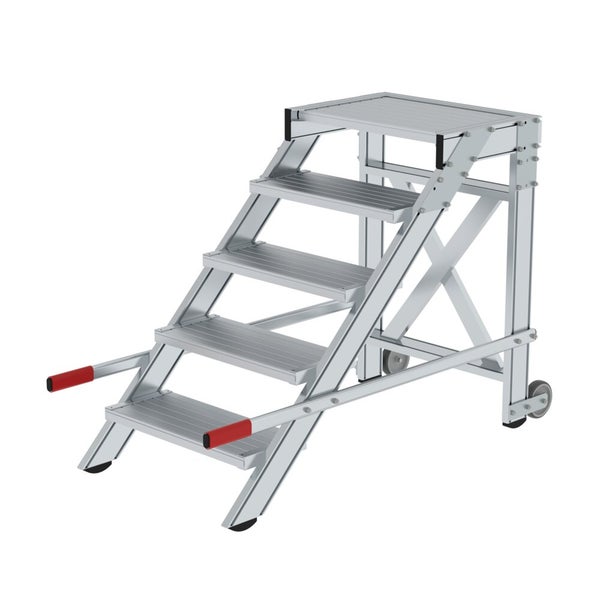 PROREGAL Arbeitspodest Fahrbar Stufenbreite 60cm 5 Stufen Aluminium Geriffelt Rutschfeste Kunststoffschuhe