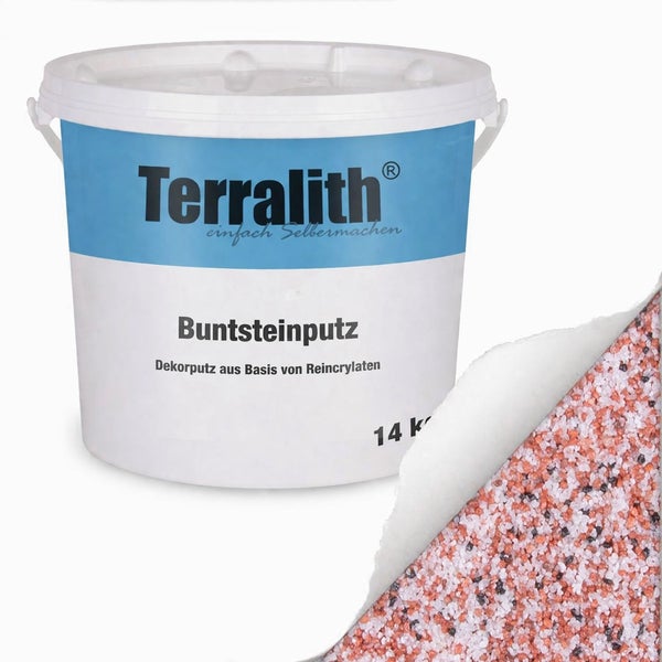Terralith Buntsteinputz 14 Kilogramm Eimer mit Detailansicht der körnigen Struktur.