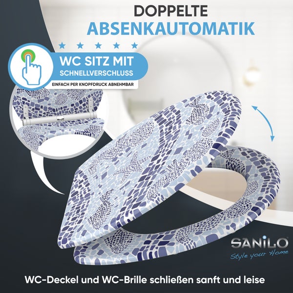 WC-Sitz mit Mosaikmuster, doppelter Absenkautomatik und Schnellverschluss zum Abnehmen per Knopfdruck. Sanilo Logo.