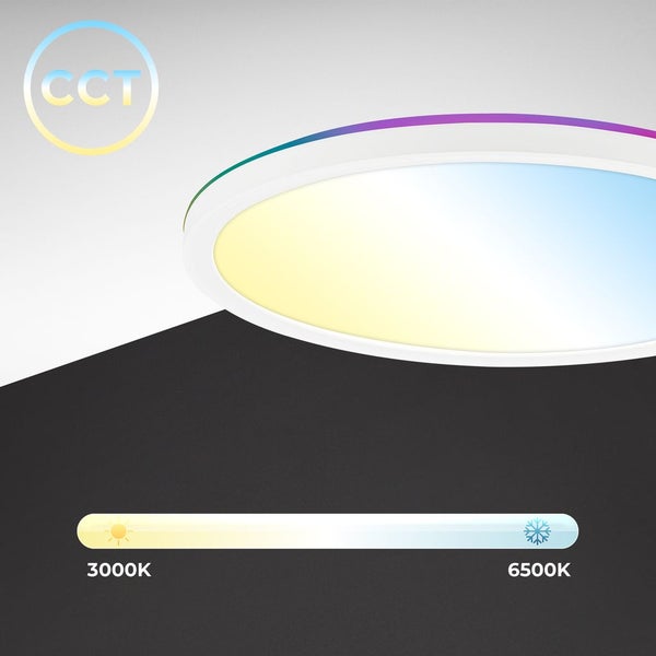 Runde LED-Deckenleuchte mit Farbtemperatursteuerung von 3000 Kelvin bis 6500 Kelvin und mehrfarbigem Lichtring.