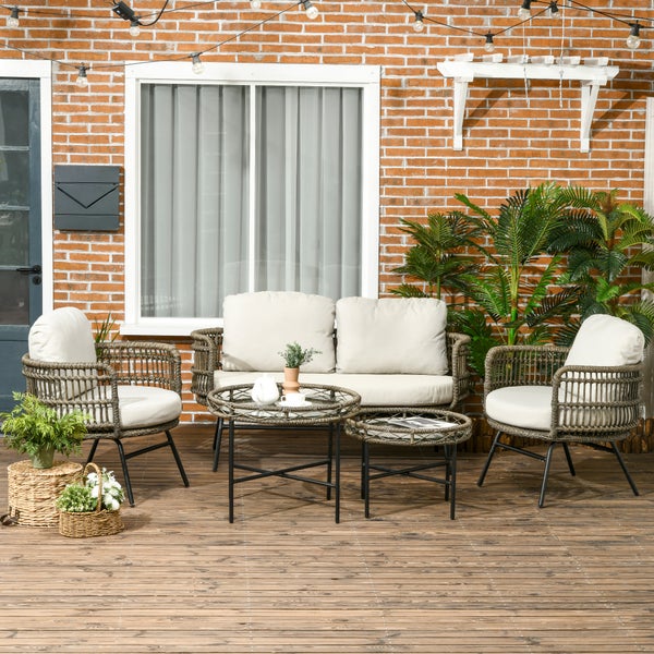 Outsunny Gartenmöbel-Set, 5 tlg. Rattan Sitzgarnitur mit Kissen, Sitzgruppe mit 2 Sesseln, 2 Couchtischen, 1 Doppelsofa, Balkonmöbel im Boho-Stil, für 4 Personen, Alu, Braun