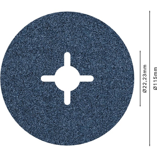 Schleifscheibe mit einem Durchmesser von 115 Millimeter und einer Aufnahmebohrung von 22,23 Millimeter.