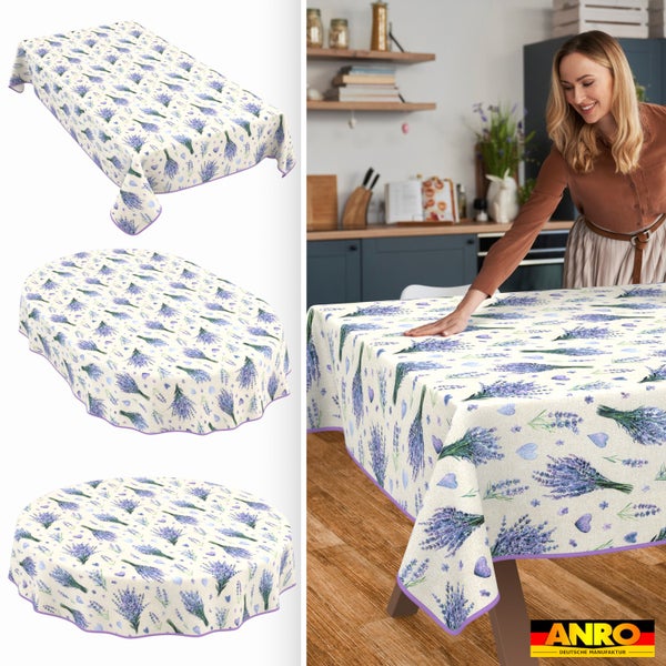 Tischdecke mit Lavendel- und Herzmuster, rechteckig, oval und rund sowie eine helle Küchenszene mit einer Frau am Tisch. ANRO Logo.