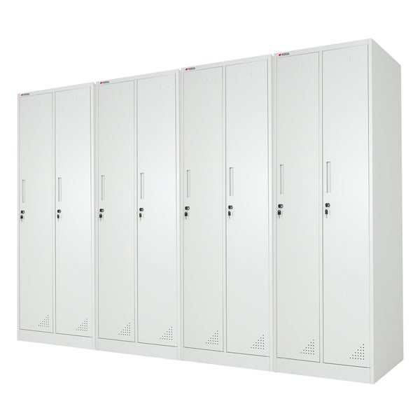 Proregal Metall-Spindschrank in Weiß mit acht abschließbaren Abteilen, Belüftungsschlitzen und Zylinderschlössern.