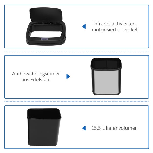 Sensor-Abfalleimer mit infrarot-aktiviertem motorisiertem Deckel, Edelstahl-Gehäuse und 15,5 Liter Innenvolumen.