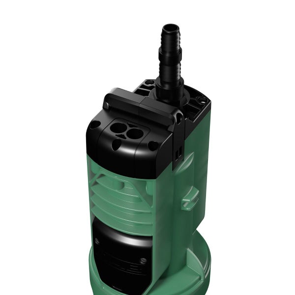 Grüne Tauchpumpe aus Kunststoff mit schwarzem Schlauchanschluss und Tragegriff.