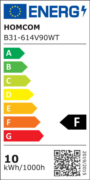 EU Energieeffizienzlabel für Homcom B31-614V90WT Leuchtmittel mit Energieeffizienzklasse F und 10 Kilowattstunden pro 1000 Stunden Verbrauch