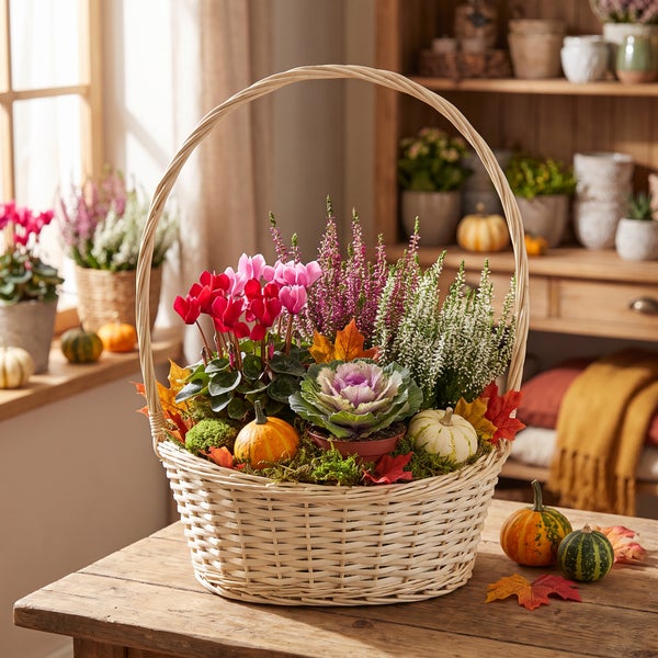 Herbstlicher Pflanzkorb mit Alpenveilchen, Heidekraut, Zierkohl und Kürbissen in einem Weidenkorb auf einem Holztisch als herbstliche Dekoration.