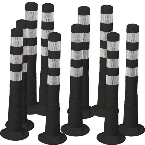 Schwarze Premium flexible überfahrbare Absperrpfosten Absperrpoller 100cm reflektierend / weiß (silber) / 10er Set