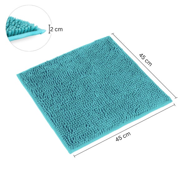 Türkisfarbene quadratische Badematte mit Chenille-Struktur, Abmessungen 45 mal 45 Zentimeter und einer Dicke von 2 Zentimetern.