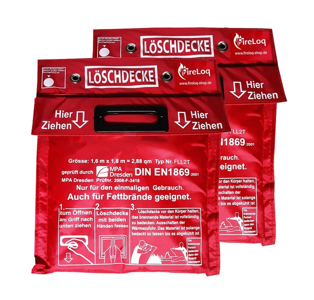 Zwei rote Löschdecken mit Bedienungsanleitung und FireLoq Logo