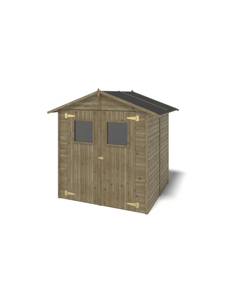 Gartenhaus aus Holz mit Satteldach, Doppeltür und zwei Fenstern.