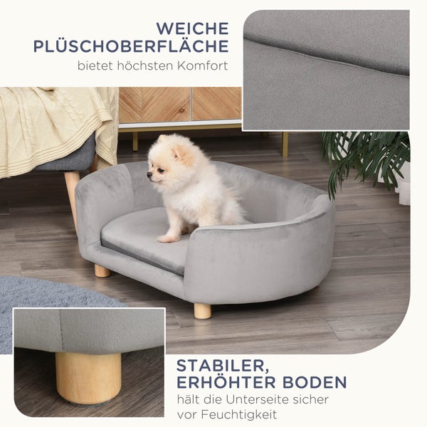 PawHut Haustier Sofa, 86L x 55B x 33H cm, Holländischer Samt, Schwamm, Birke Bein, Grau