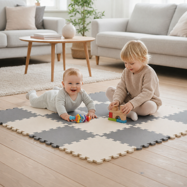 Zwei Kinder spielen auf einer schachbrettartigen Schaumstoffmatte im Wohnzimmer.
