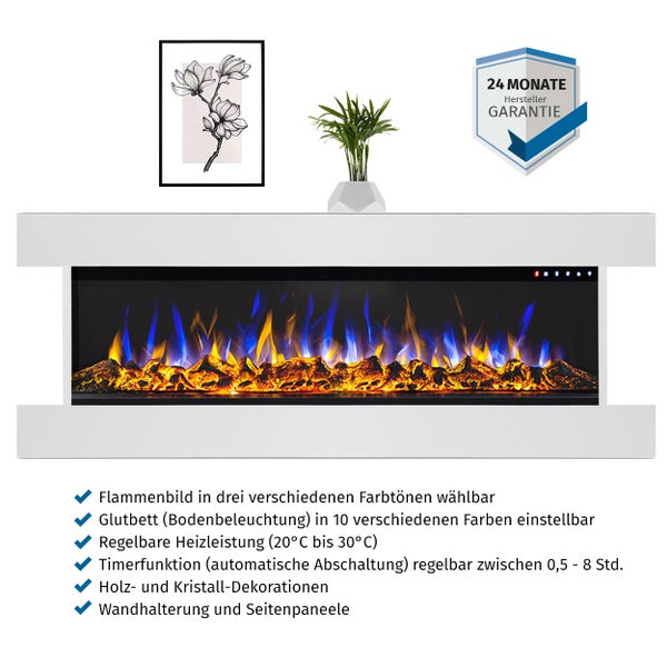 Glow Fire Elektrokamin 'Clear 50' | Multicolor LED Wandkamin mit Heizung in weiss (1600 W) | HxBxT: 52,5x151,7x22,3 cm