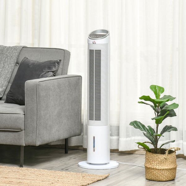 HOMCOM Luftkühler mit Wasserkühlung, Turmventilator mit Luftbefeuchtung, 8h Timer, Nutzungsraum 20㎡, 60W, Ø30 x 100,8H cm, ABS, Weiß
