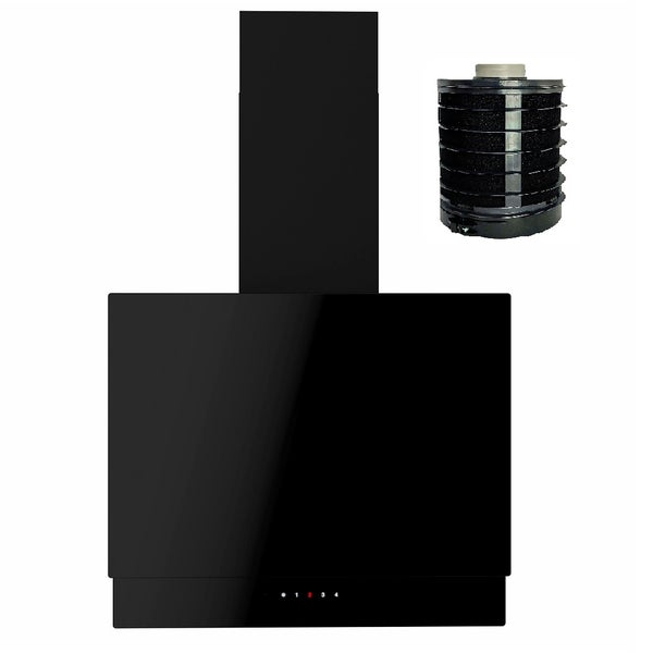 Schwarze kopffreie Dunstabzugshaube mit Glasfront inklusive Aktivkohlefilter.