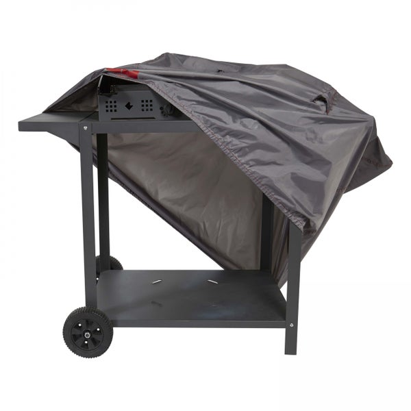 Grillwagen mit grauer Wetterschutzhülle für Planchas, inklusive Rollen und praktischer Ablagefläche.