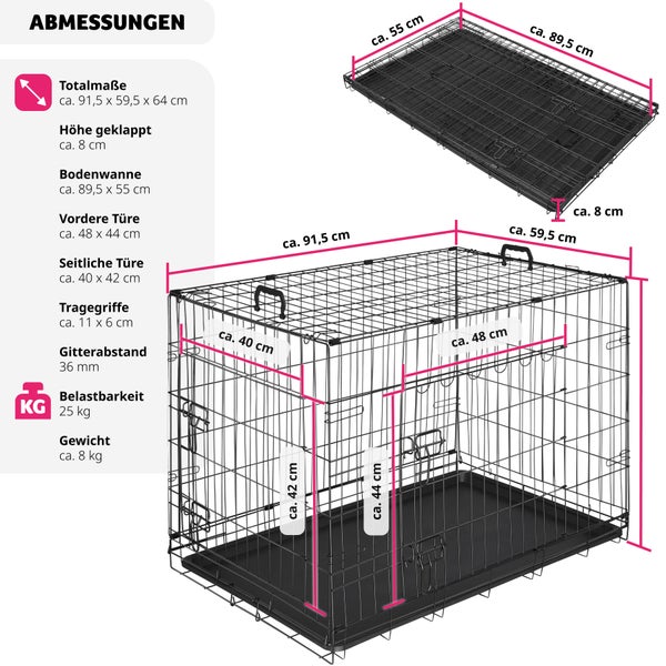 Hundekäfig-Gitterbox tectake Luna abgerundete Ecken klappbar, mit 2 Tragegriffen schwarz